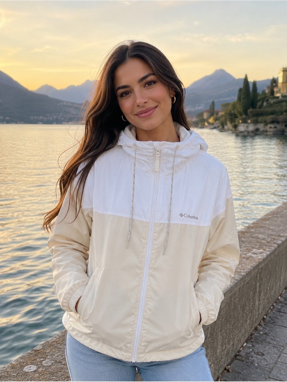 Columbia Two-Tone White and Cream Hooded Windbreaker Jacket